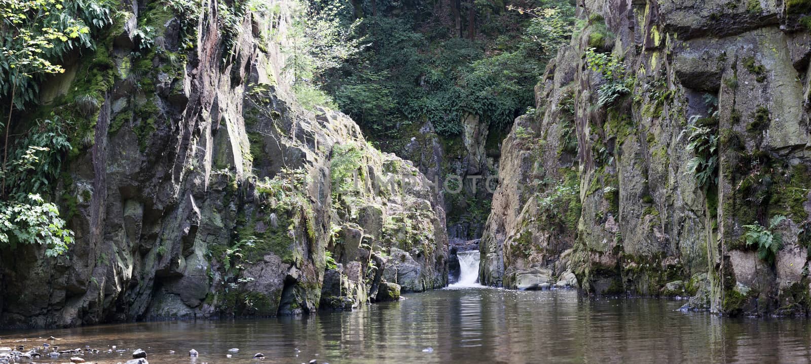 Skryje waterfall is found on Zbiroh creek in a nature reserve Skryje ponds, Skryje, Czech republic.