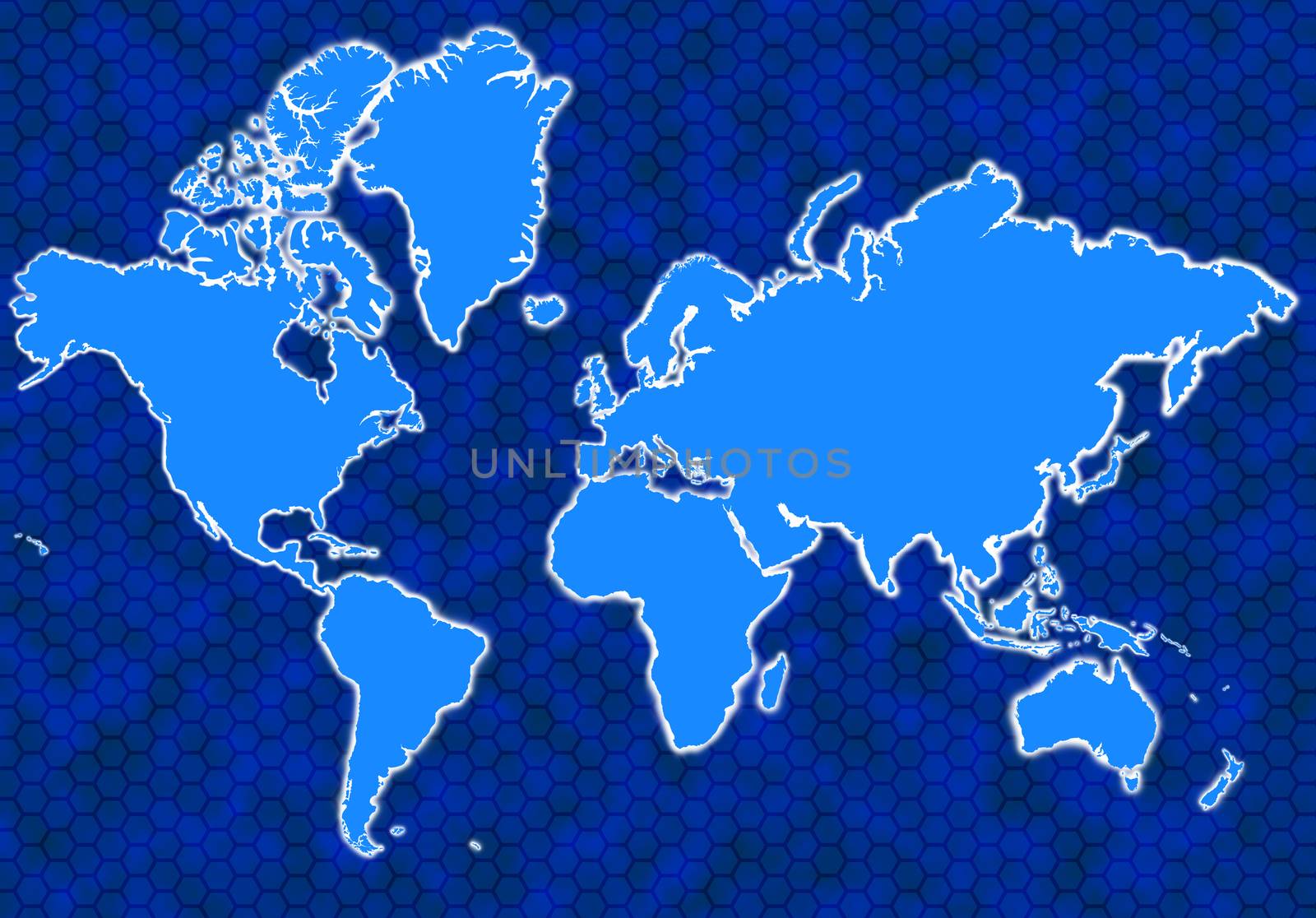 Blue global map with glowing continents and background hexagons
