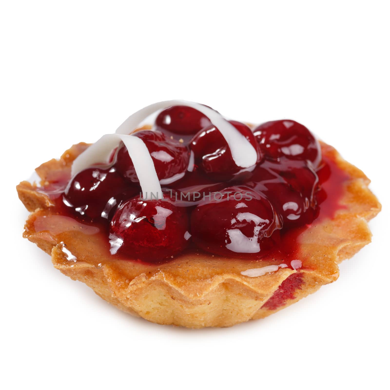 Baked cherry dessert with cream. Sweet cherry  tart isolated on white
