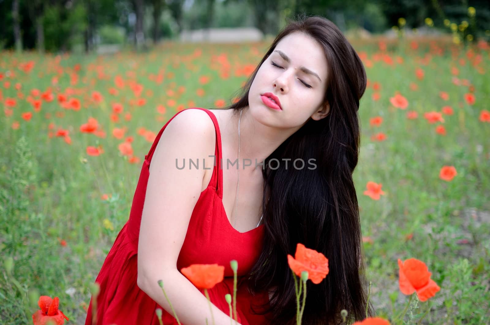 Charming girl surrounded by poppies. Female model with closed eyes, girl wearing red dress.