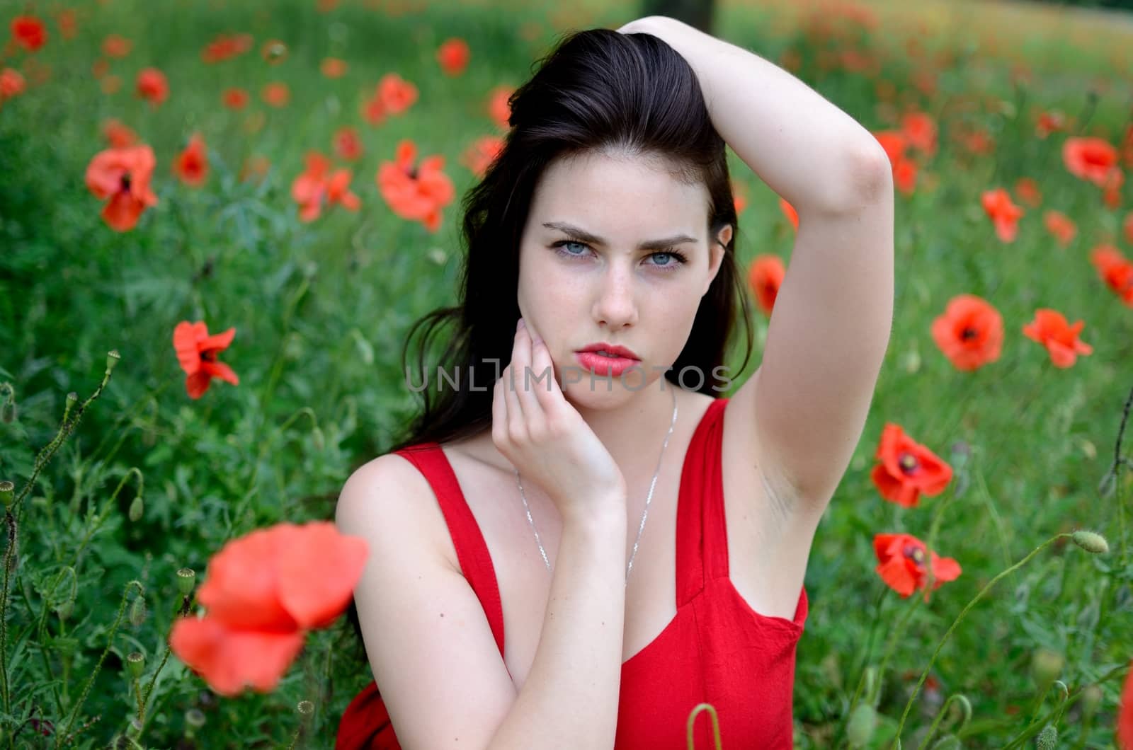 Pretty female model posing with poppies flowers in meadow. Girl putting her hand in hairs.