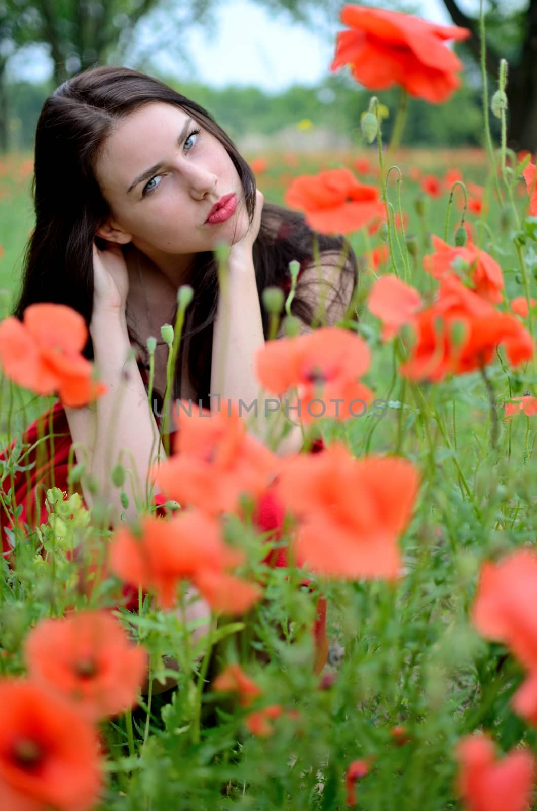 Beautiful brunette with poppies by bartekchiny