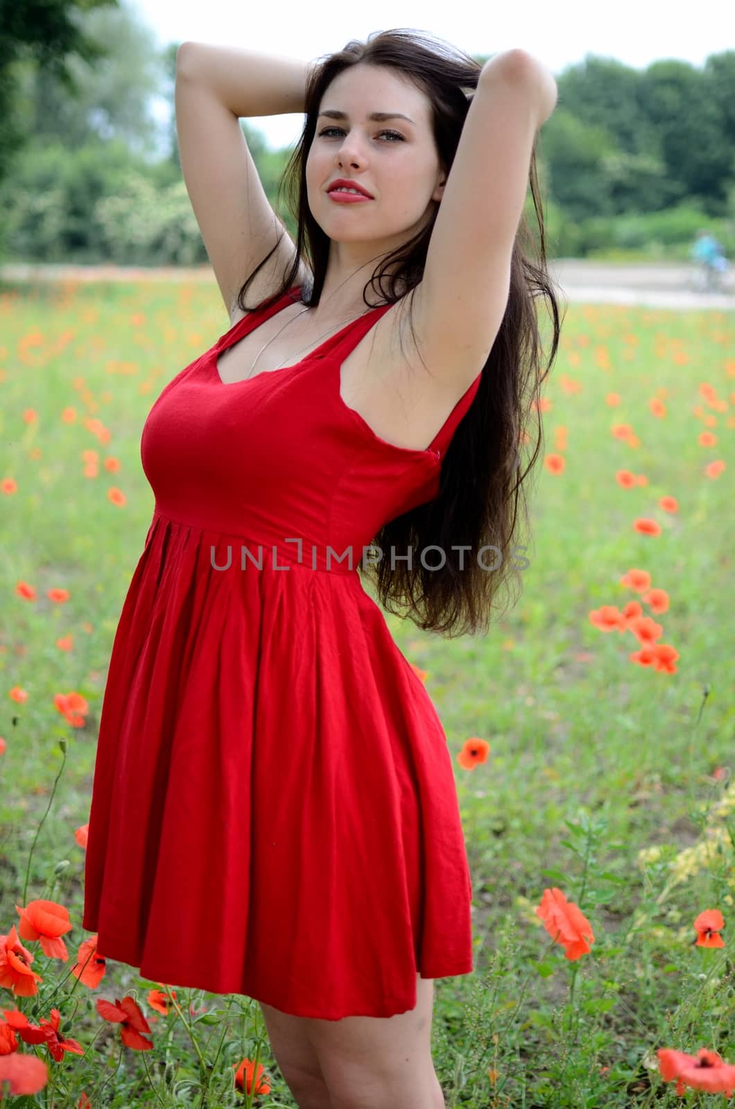 Shapely girl with red dress. Young female model standing in red dress, surrounded by poppies and green grass.