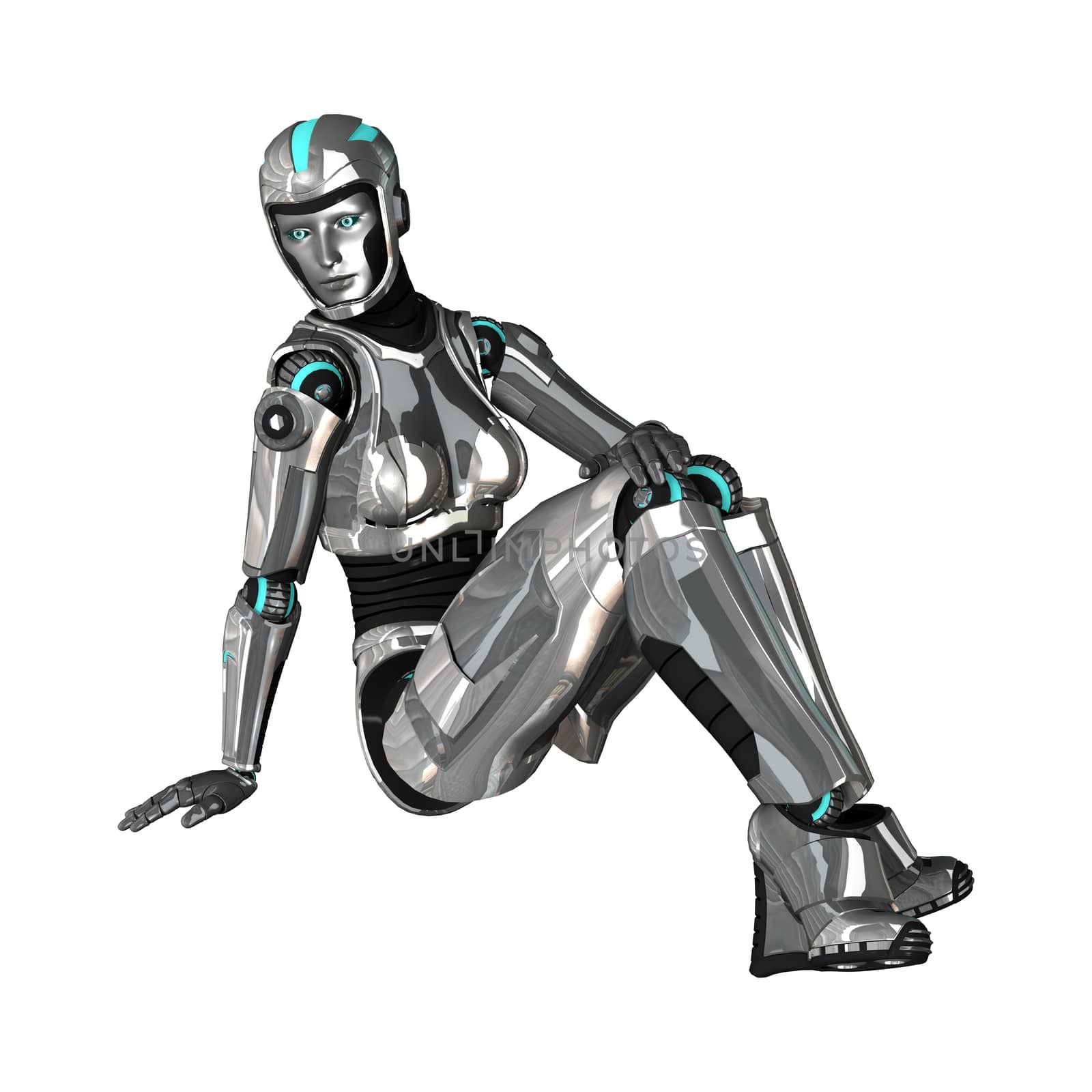 3D digital render of a female cyborg isolated on white background