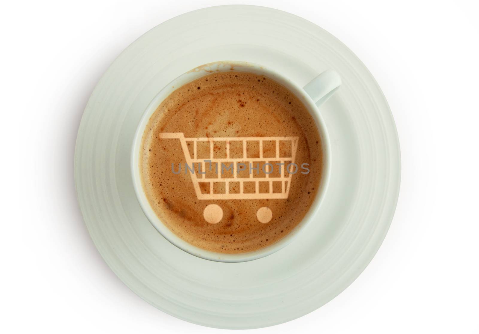 Shopping cart symbol inside a cup of coffee with space