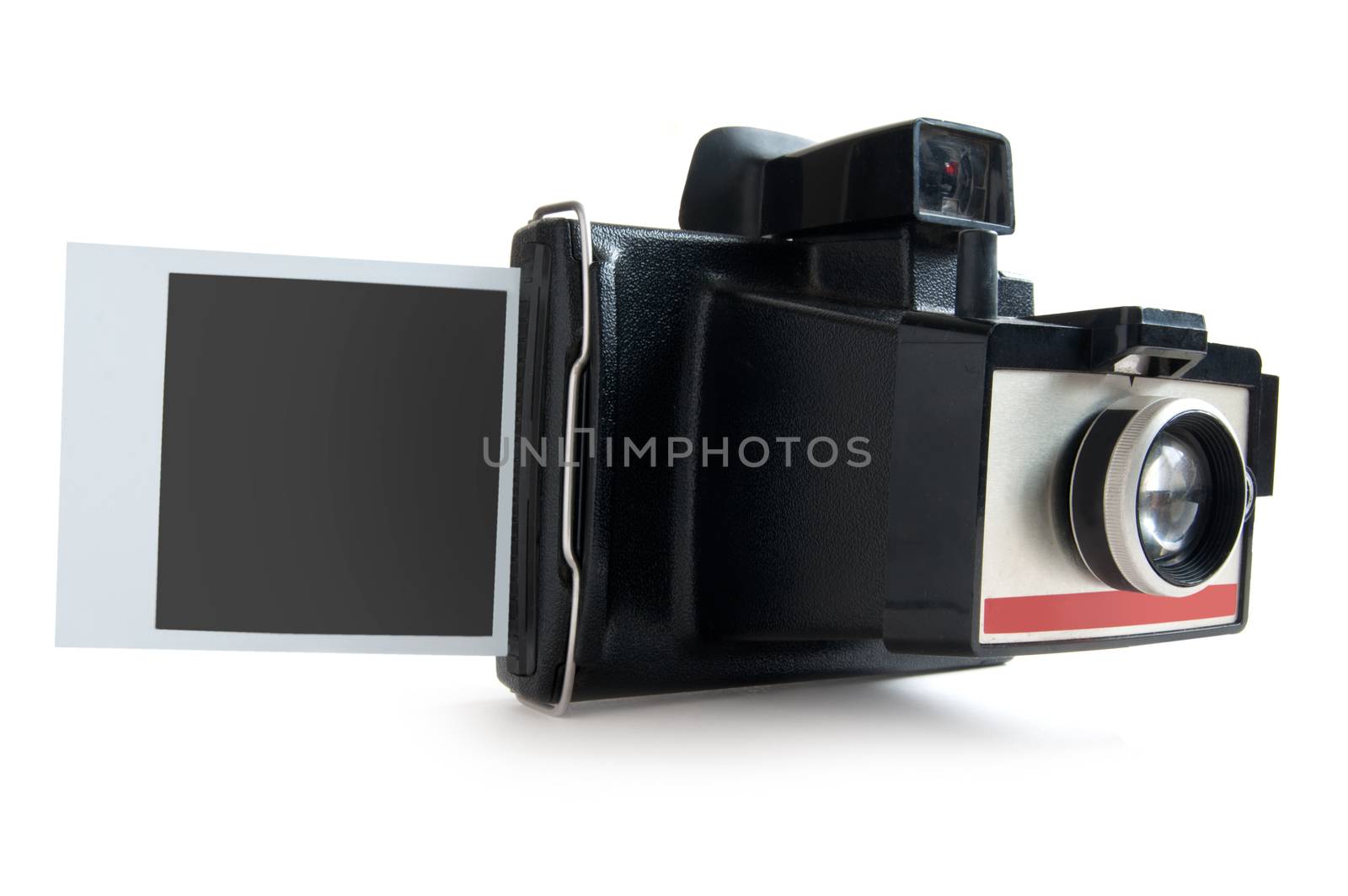 Polaroid instant camera with photo print over a white background