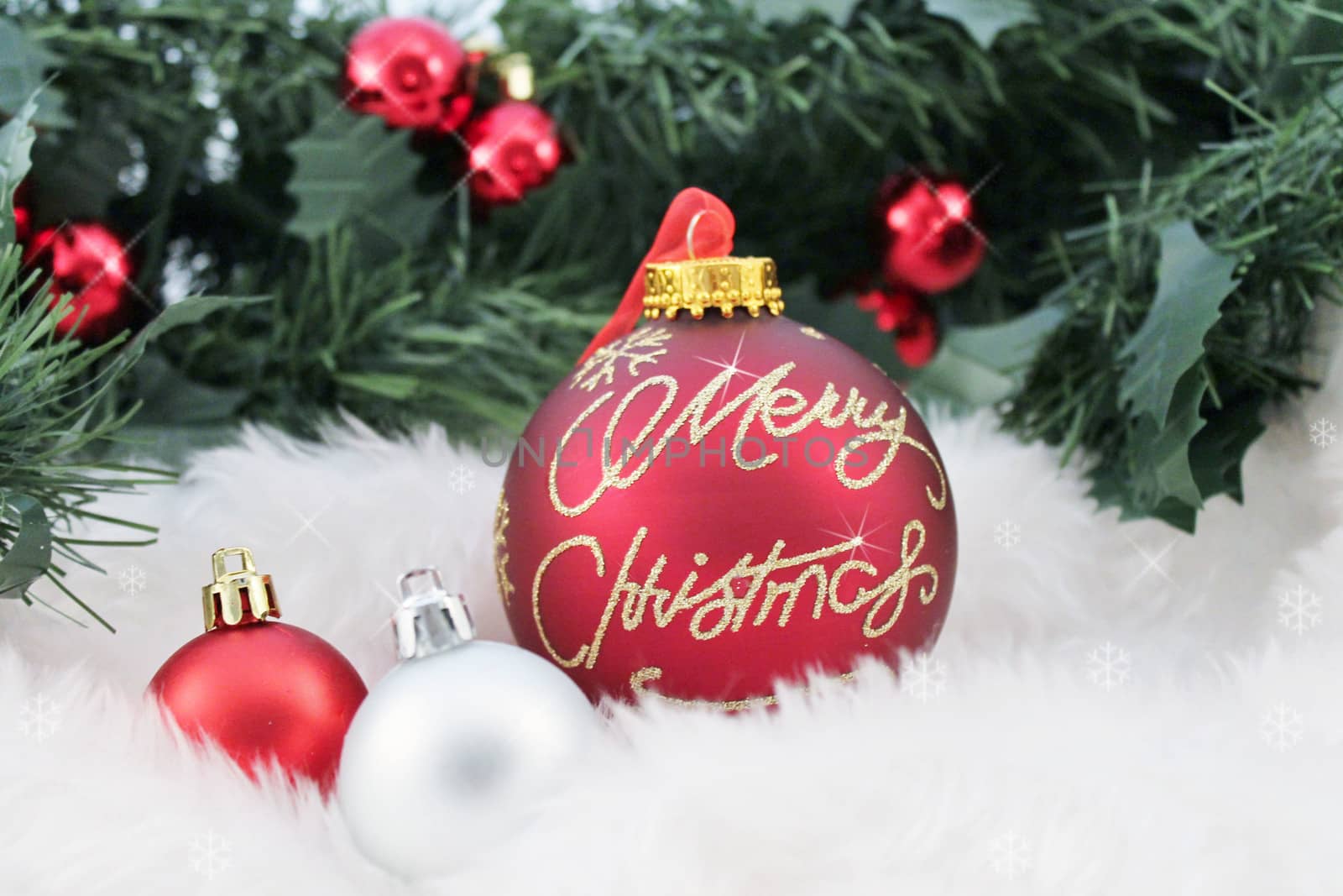 Christmas balls on abstract snow background by cheekylorns