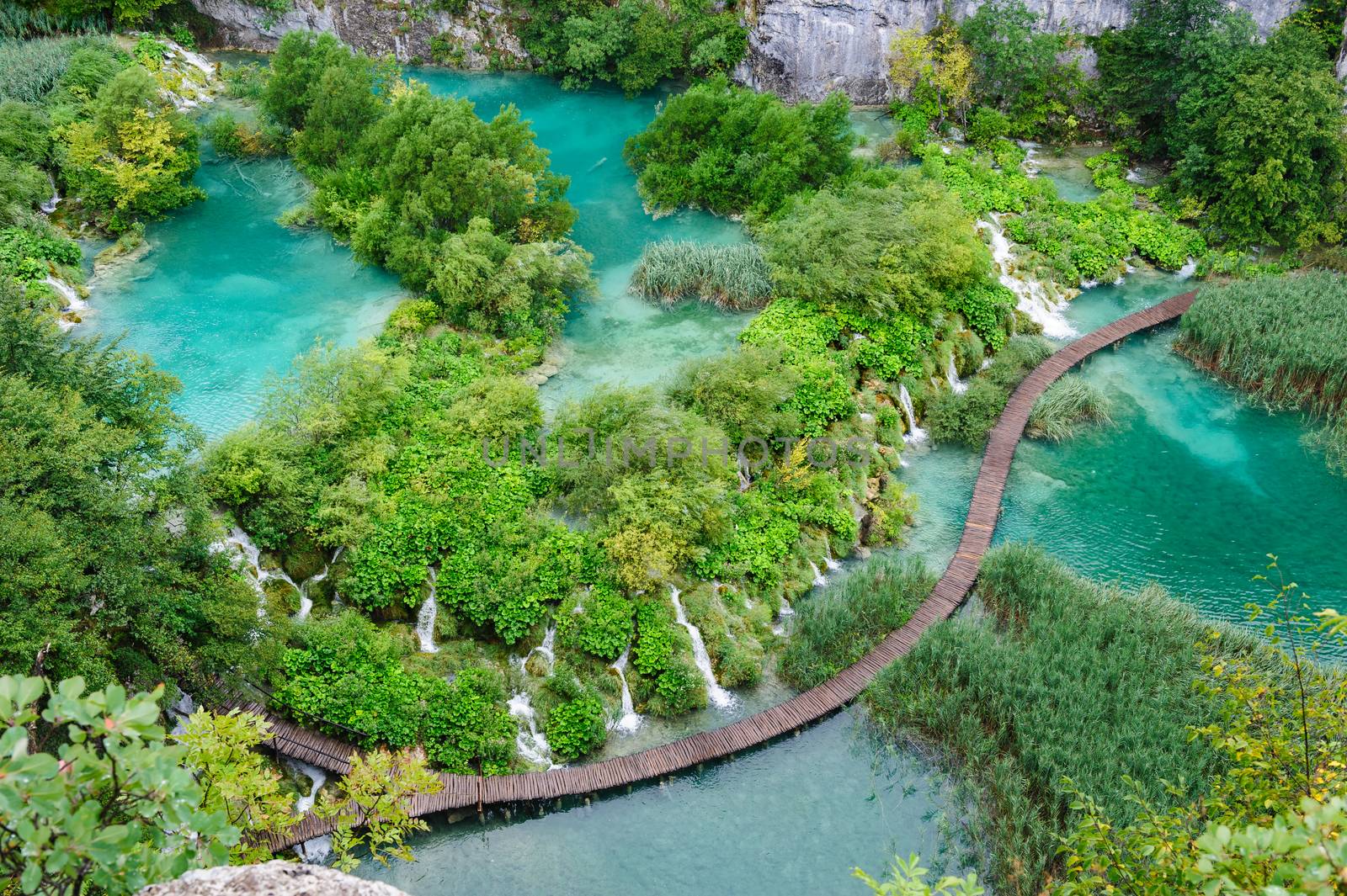 Bird view of beautiful waterfalls in Plitvice Lakes, National Park of Croatia