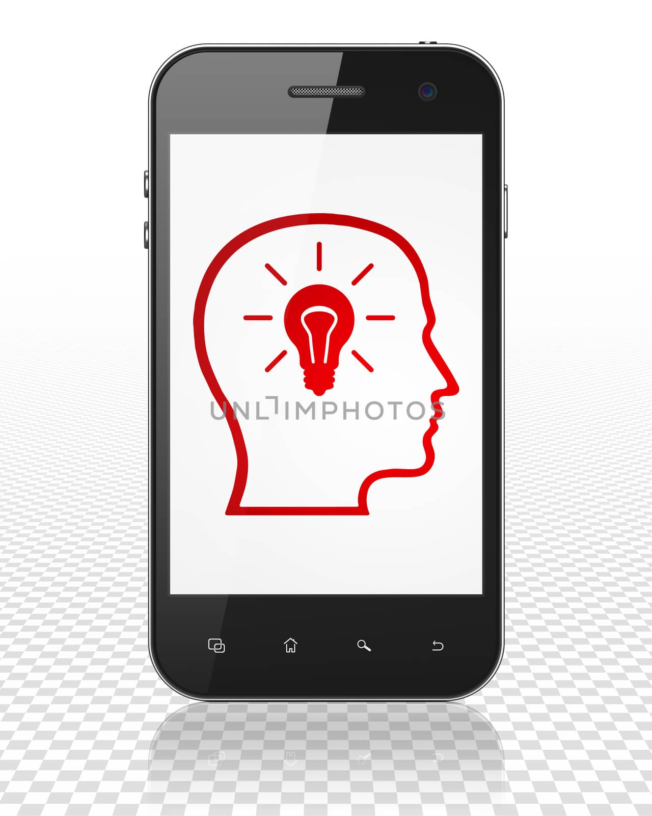 Information concept: Head With Lightbulb on Smartphone display by maxkabakov