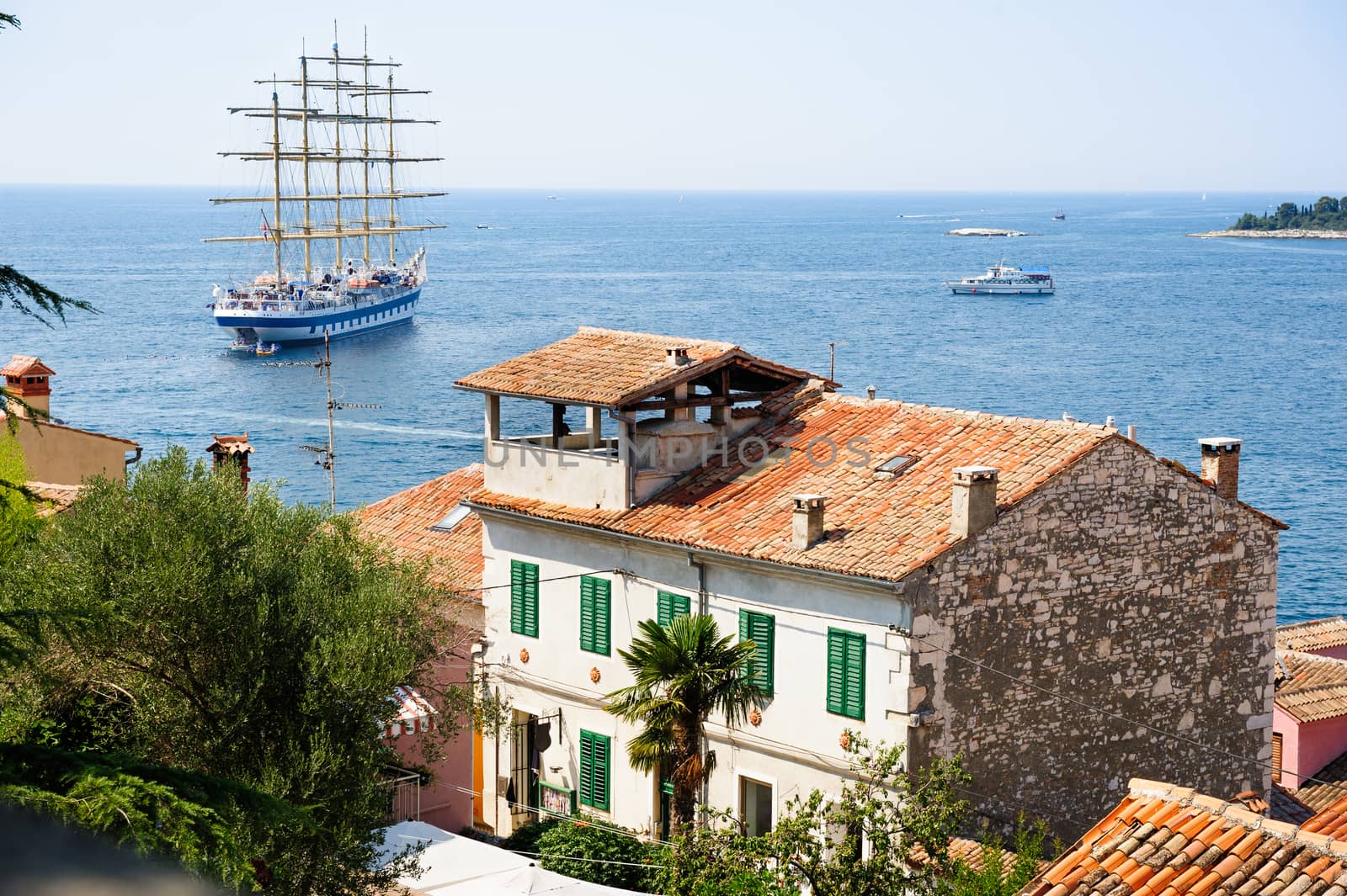 View from Rovinj, Croatia to Adriatic sea with ship