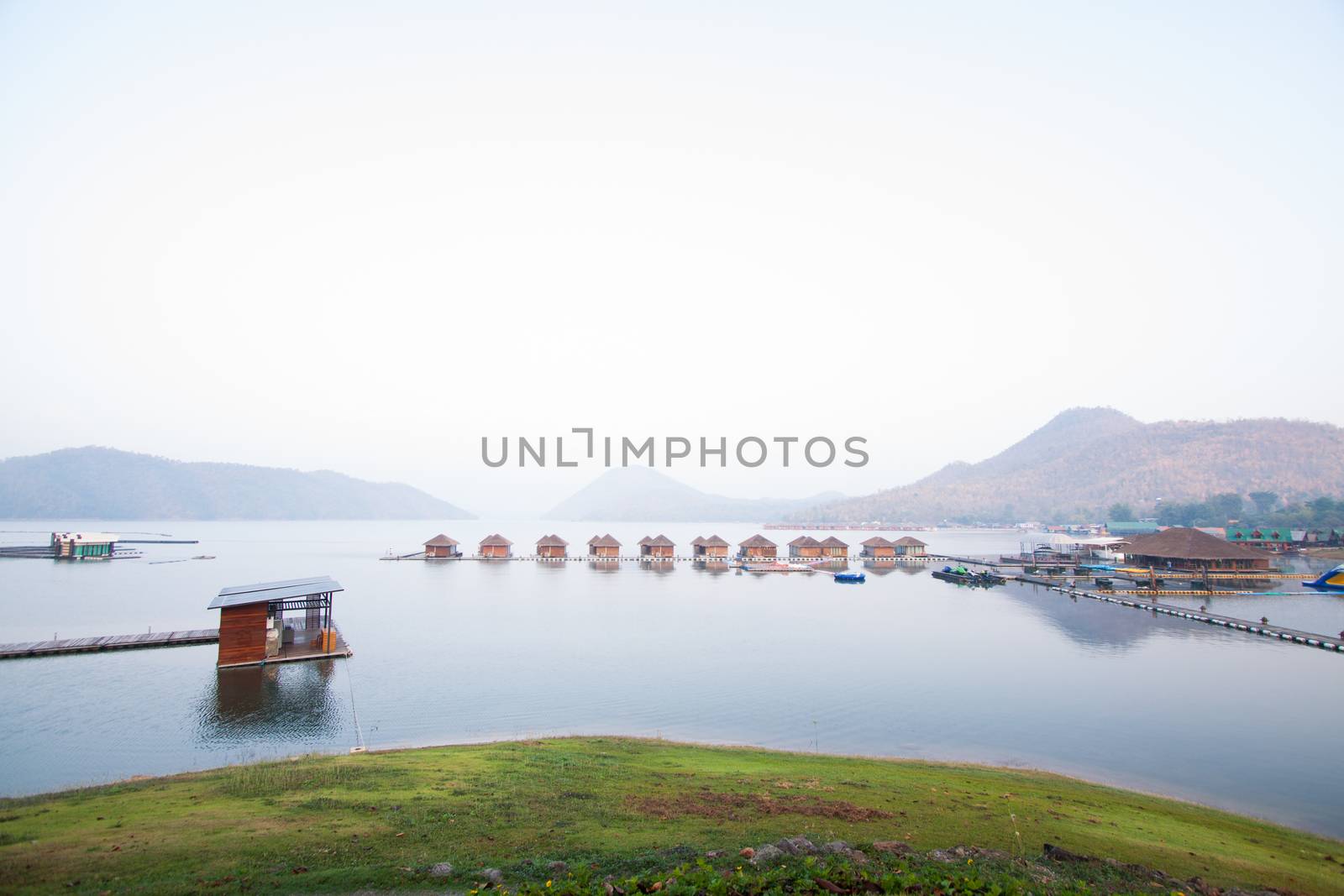 Home on wooden bridge mountain blue sky