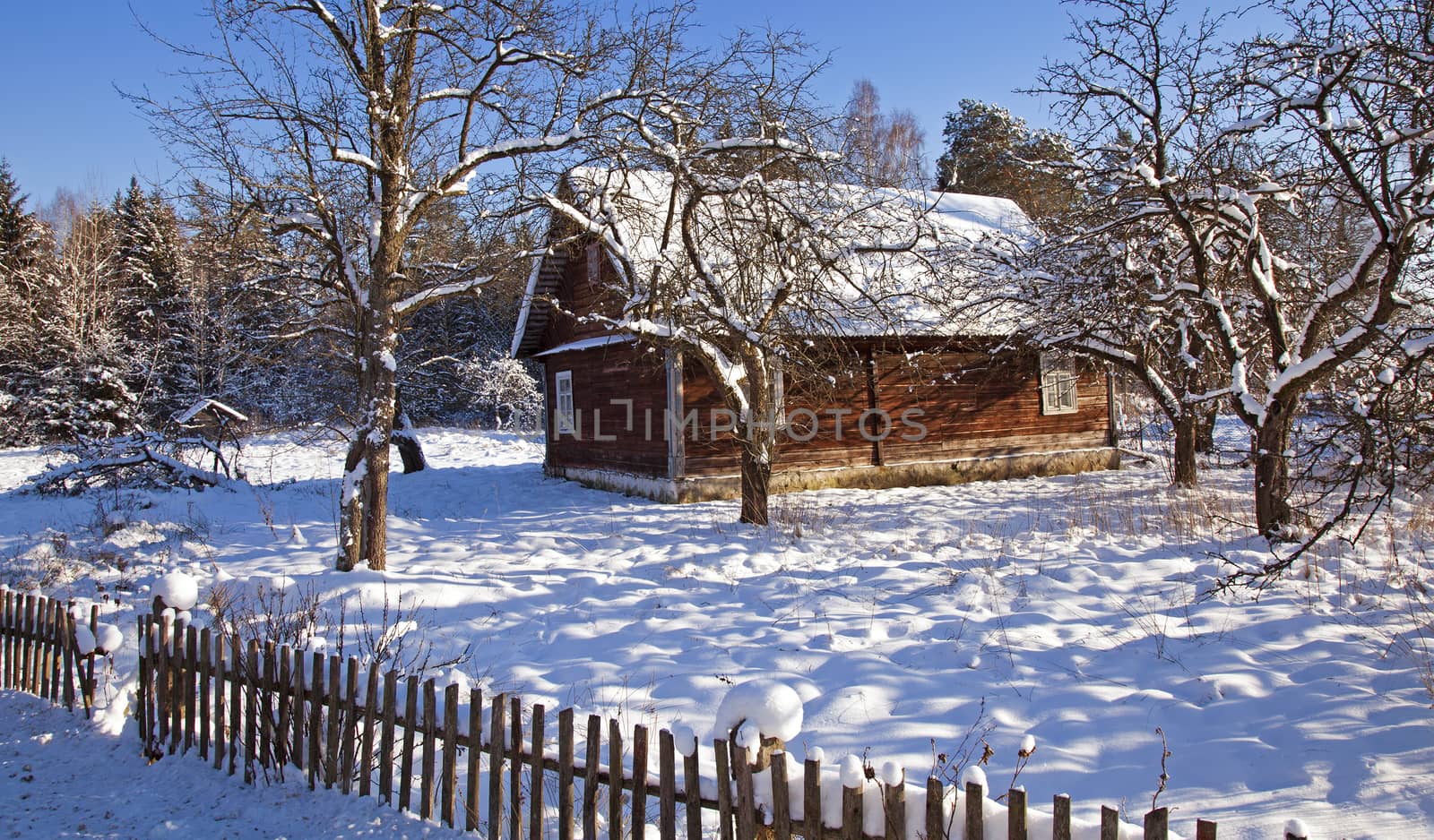  the old wooden house covered with snow in a winter season