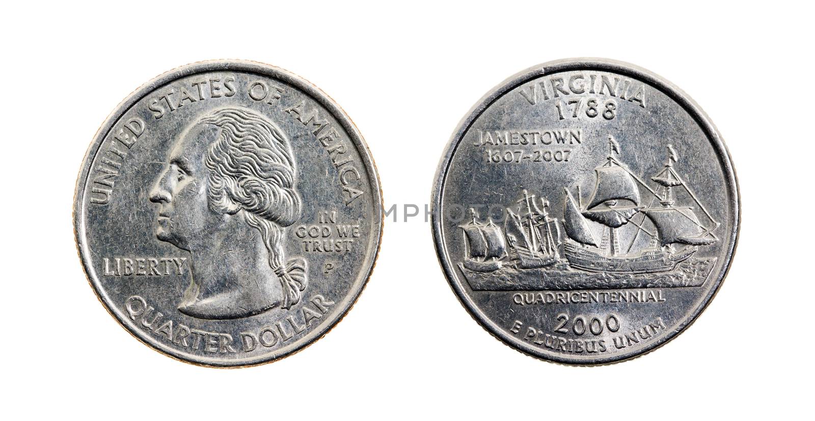 American metal coins, isolated on white