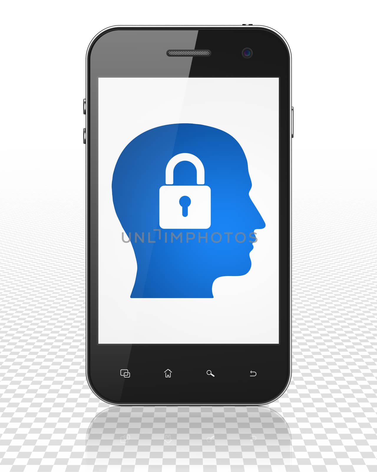 Finance concept: Head With Padlock on Smartphone display by maxkabakov