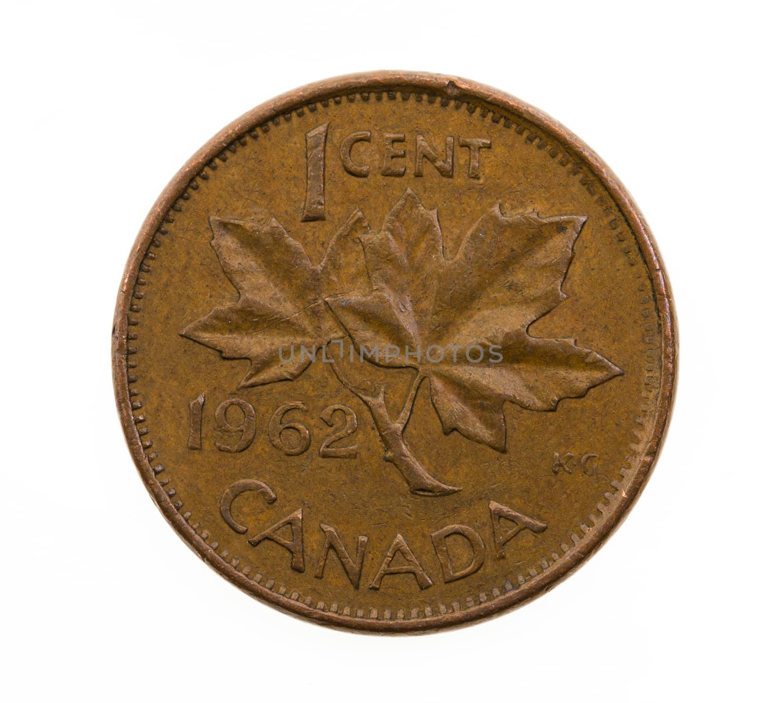 one Canadian cent, isolated on white background
