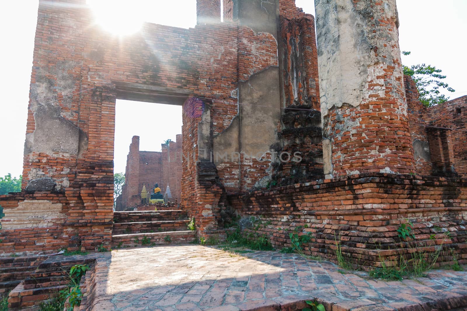 Ruins pagoda in Ayutthaya Historical Park, Wat Thammikarat in Ay by kritsada1992