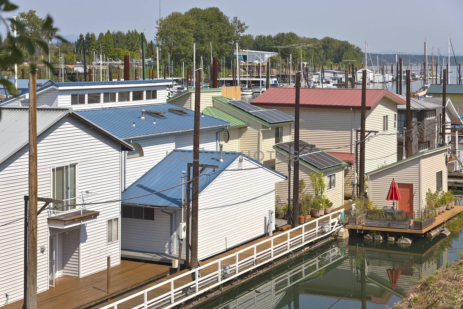Rooftops and floating houses in a marina portland Oregon.