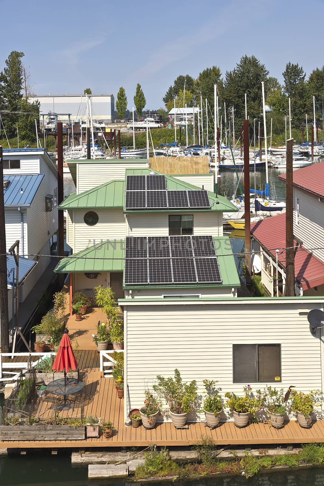 Rooftops and floating houses in a marina portland Oregon.