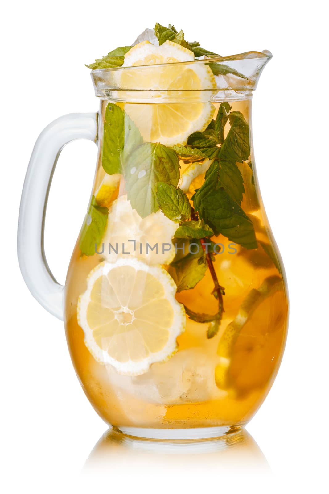 Pitcher of sweet iced tea with lemon and mint.