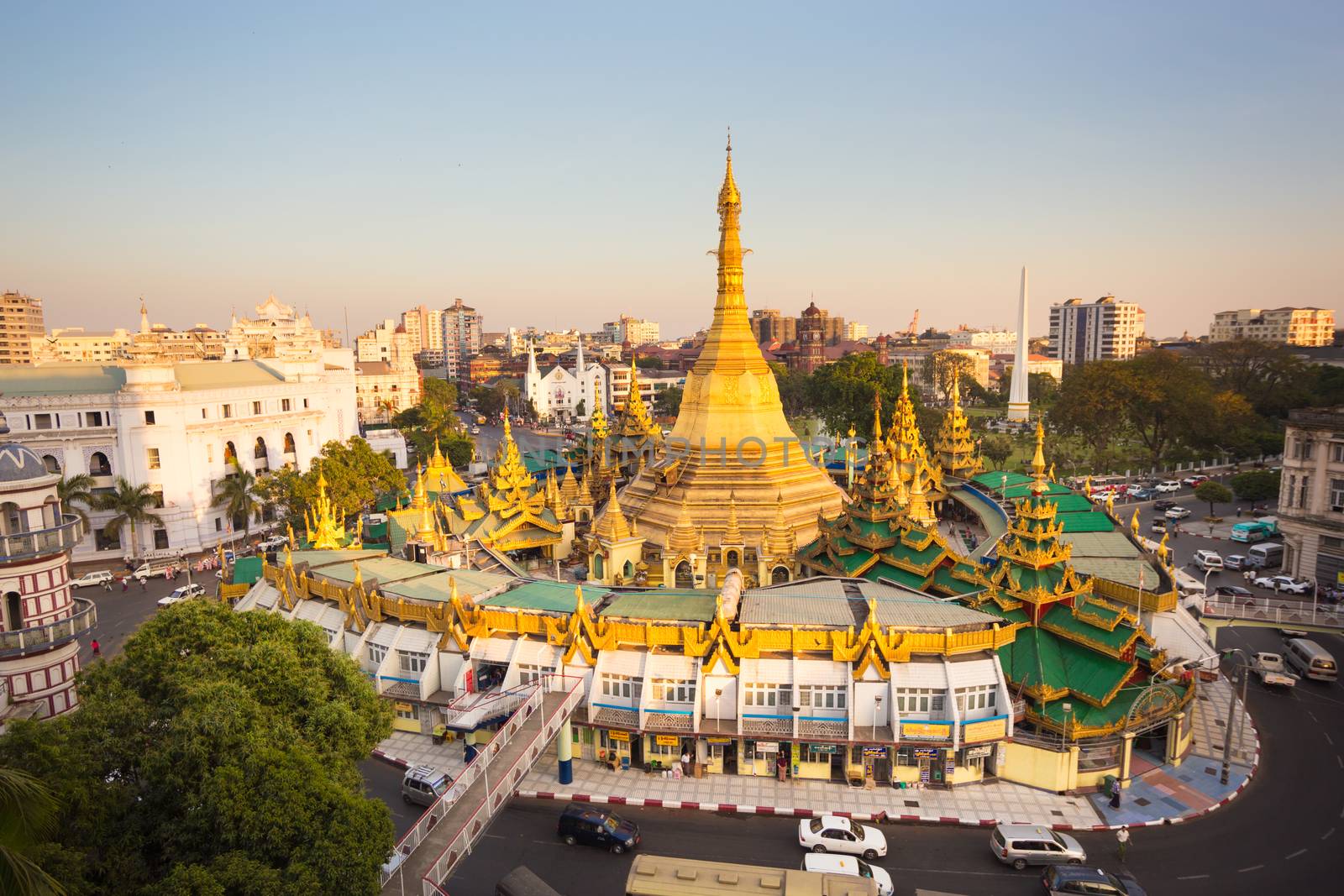 Sule pagoda, Yangon, Myanmar. Myanmar, Burma is the most religious Buddhist country in terms of the proportion of monks in the population and proportion of income spent on religion.
