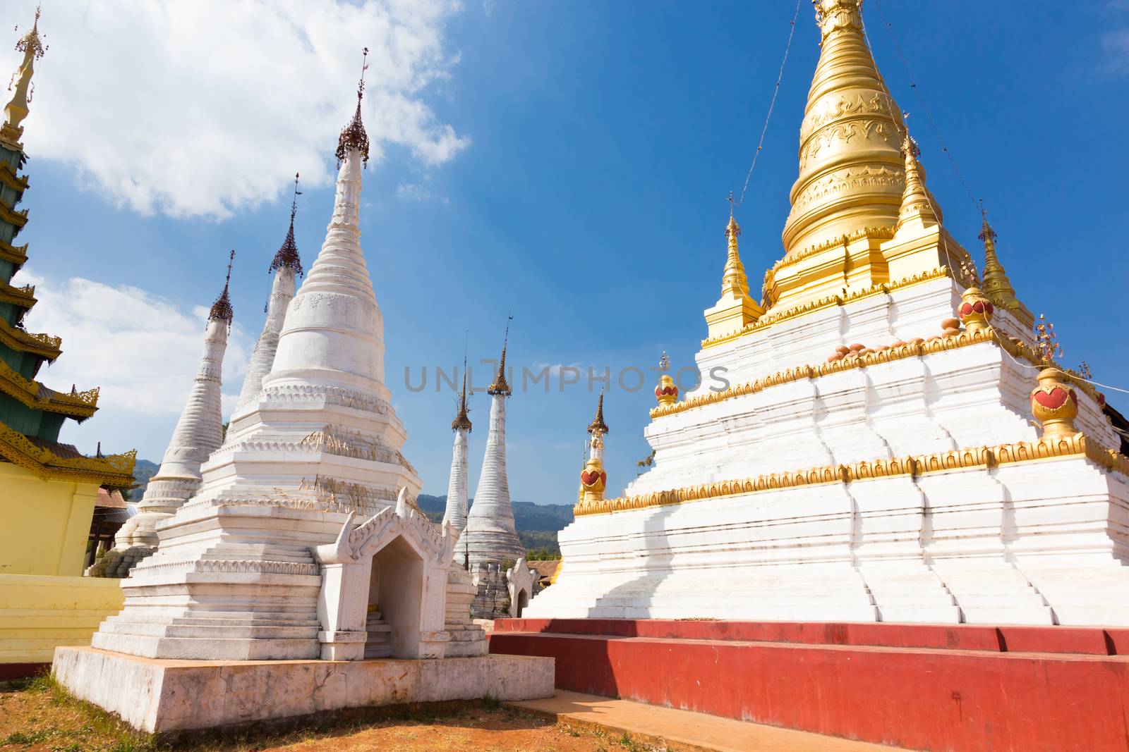 Buddhist temple close to Pindaya Cave located next to the town of Pindaya, Shan State, Burma, Myanmar,  Famous buddhist pilgrimage site and a tourist attraction.