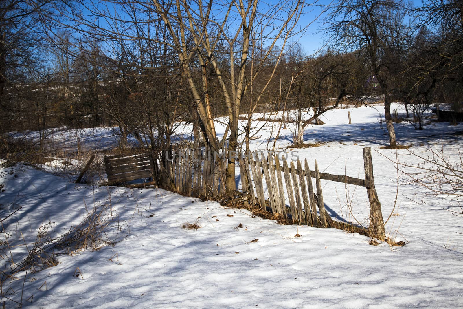   the old destroyed wooden fence in a winter season