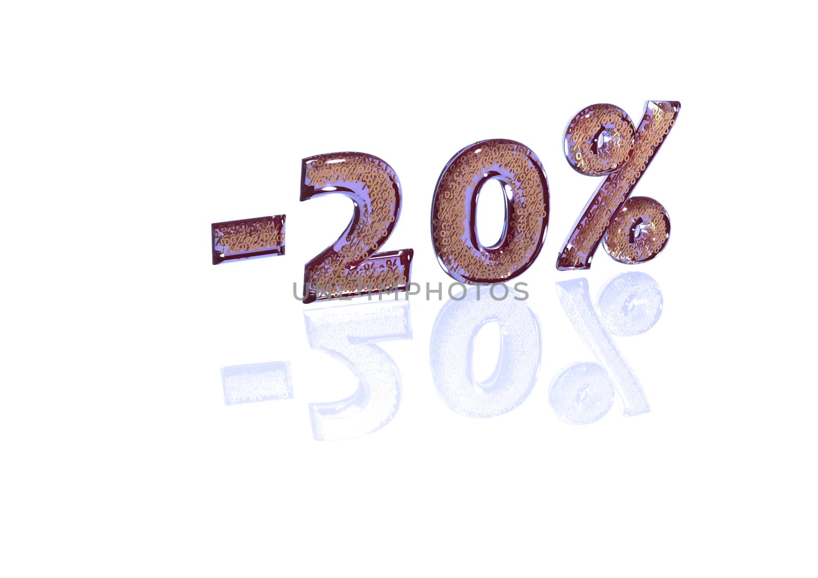 Transparent inscription minus 20 percent with a set of gold signs of percent in it