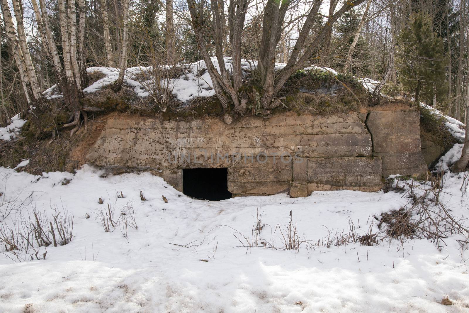 bunker used during World War II. winter. Belarus