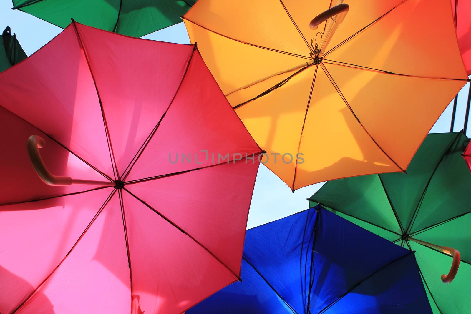 many umbrellas above hanging in air