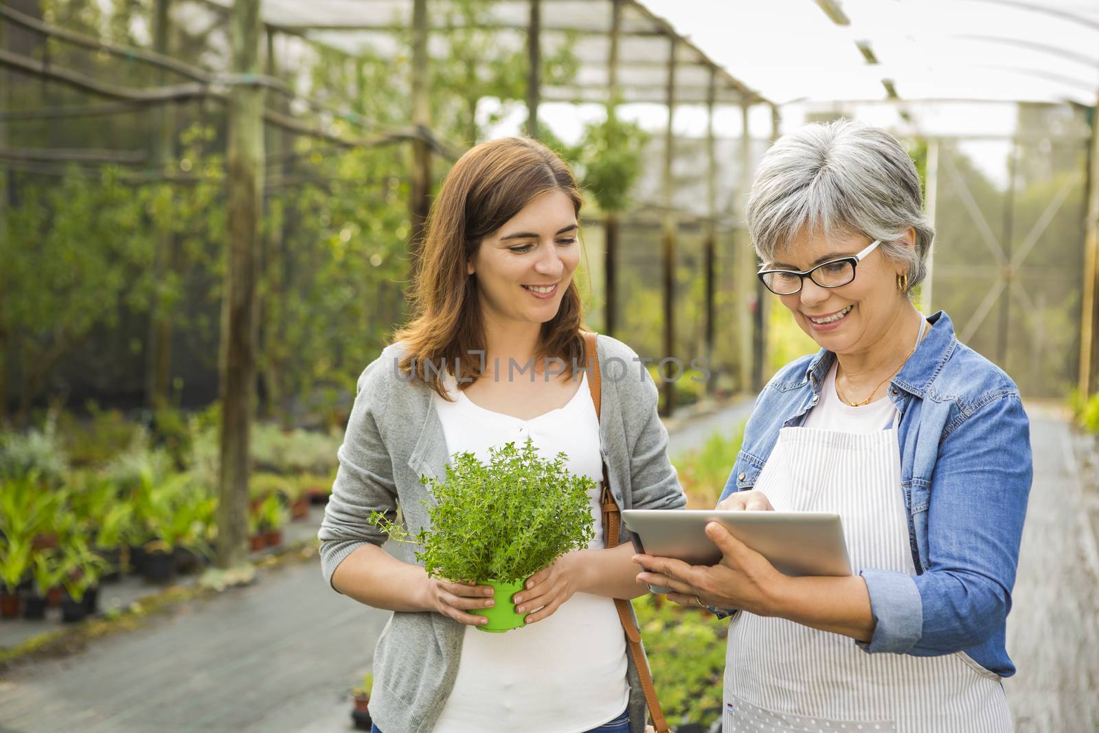 Beautiful mature florist helping a female customer to choose plants