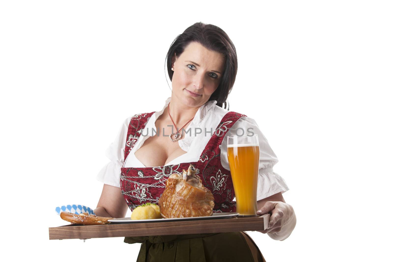 bavarian woman in a dirndl with pork by bernjuer