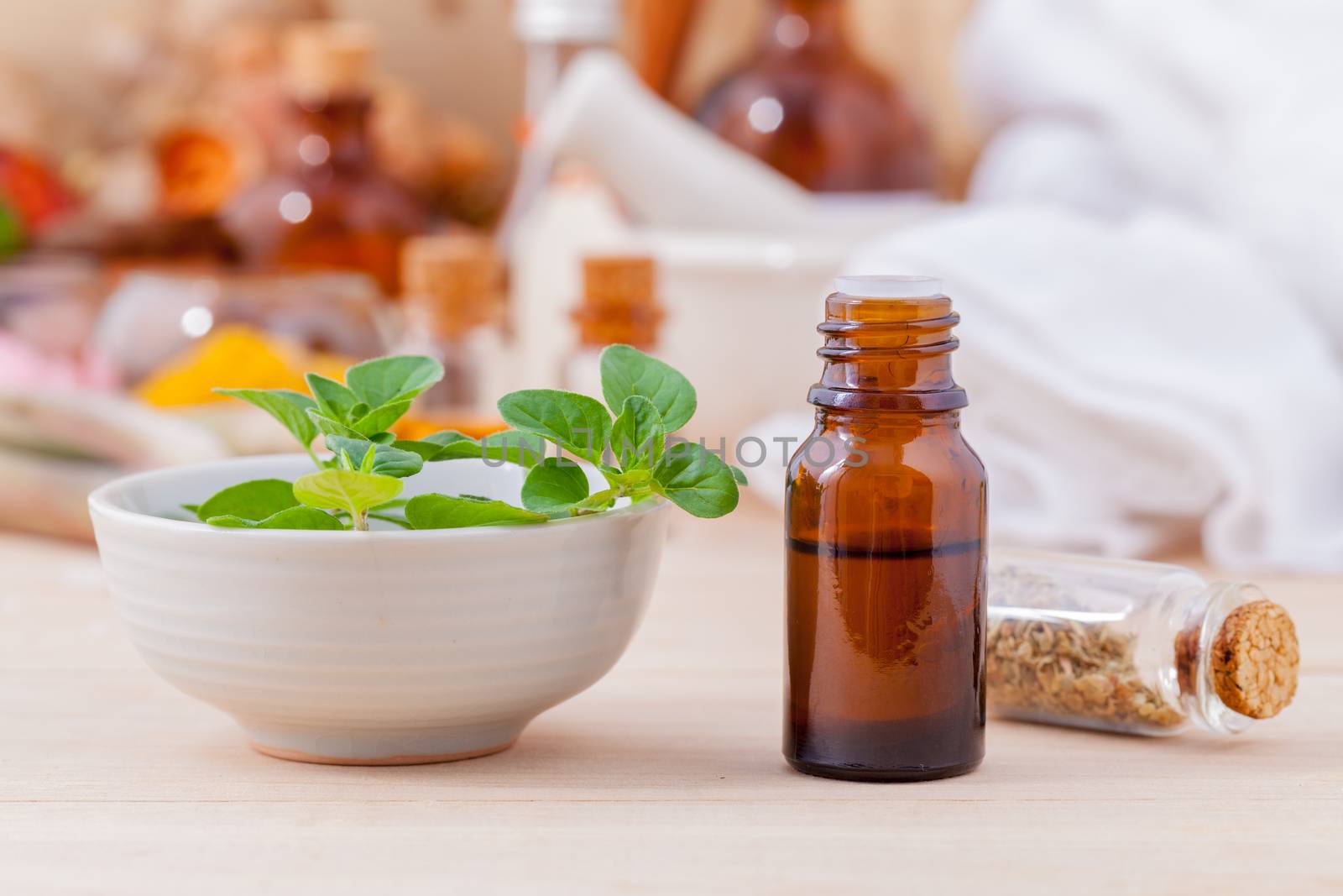 Natural Spa Ingredients essential oil with oregano leaves for aromatherapy setup on spa ingredients background.