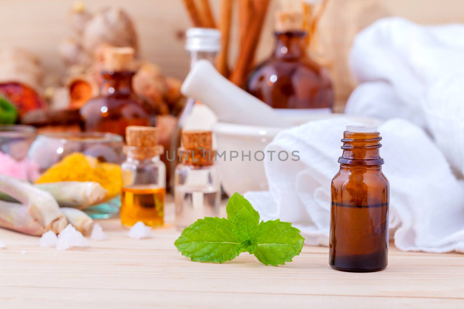Natural Spa Ingredients Aromatherapy and Natural Spa theme  on wooden background.