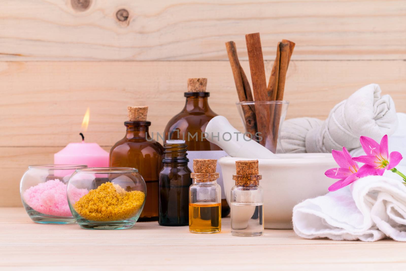 Natural Spa Ingredients Aromatherapy and Natural Spa theme  on wooden background.