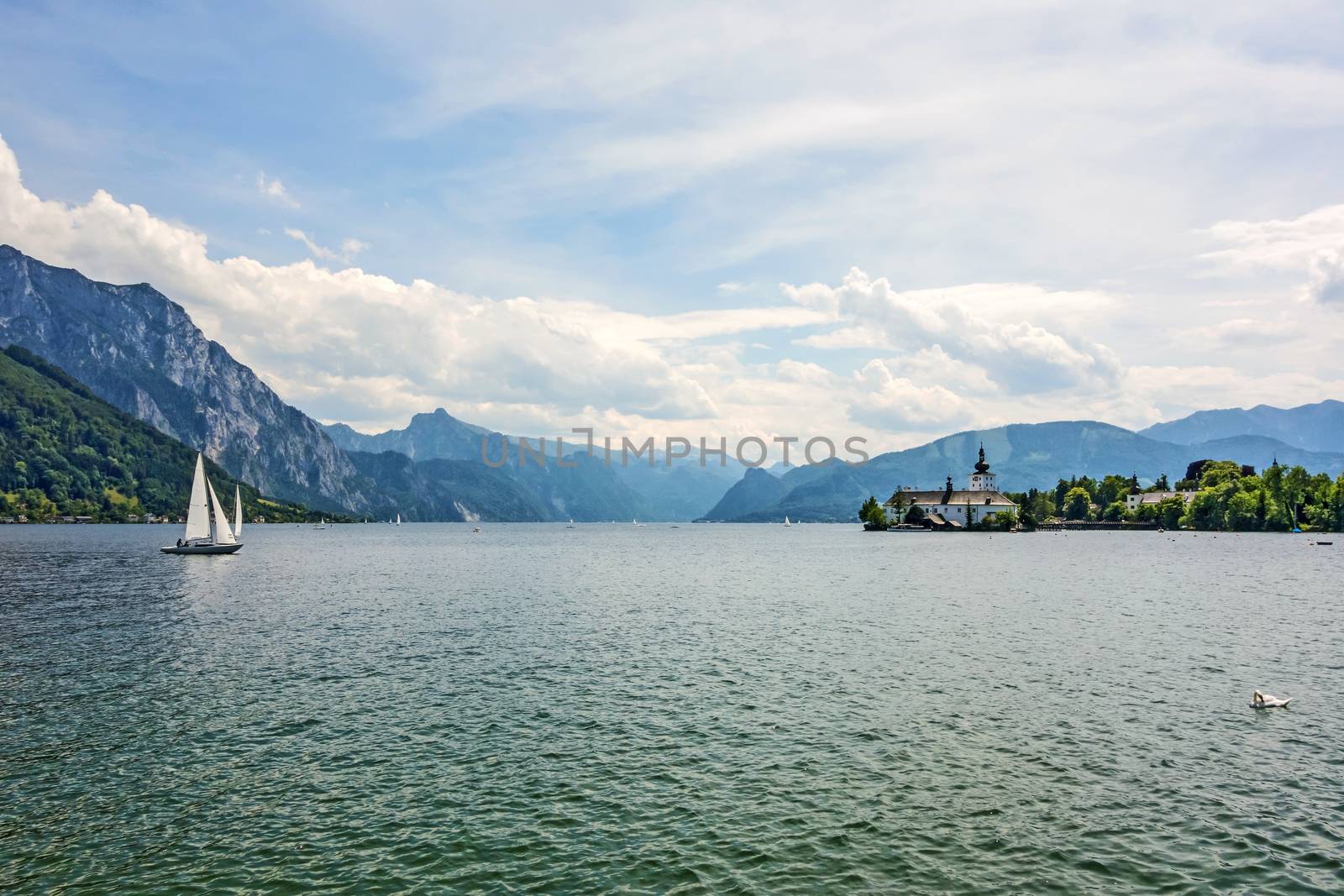 Schloss Ort, castle in Gmunden, Austria, Europe at the Lake Traunsee - view from city center, promenade