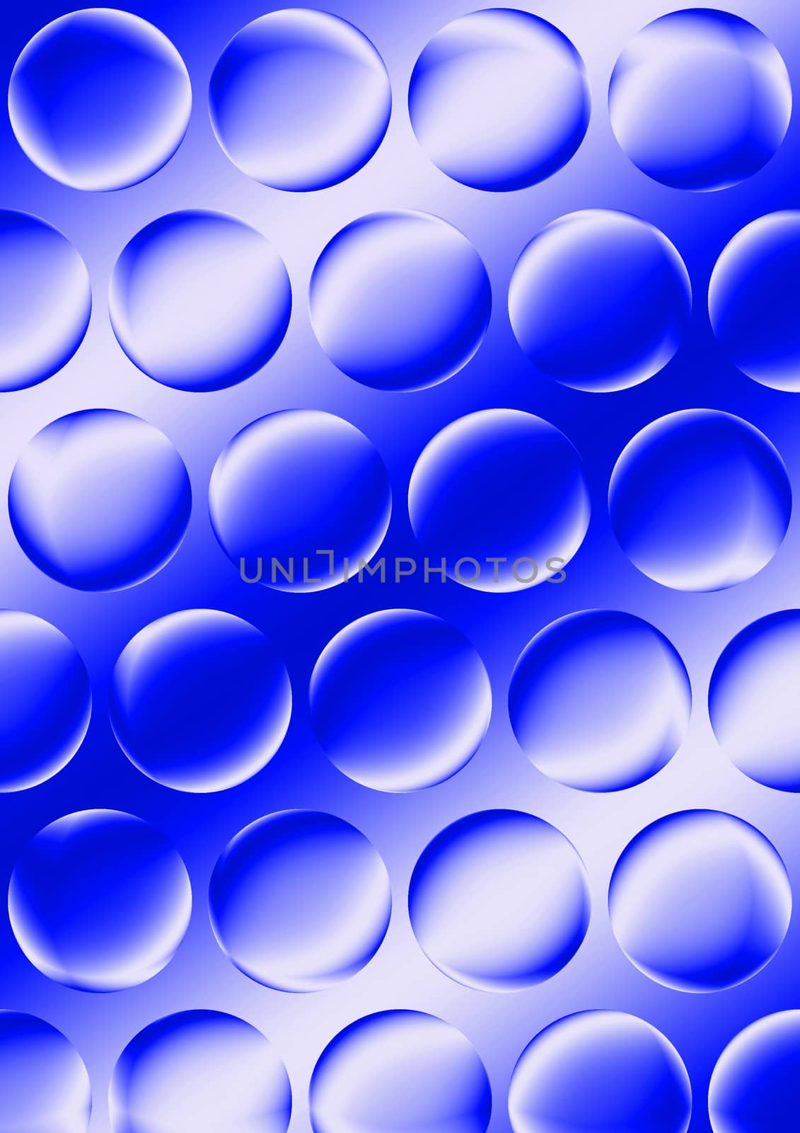 Before a blue striped background with translucent spheres.