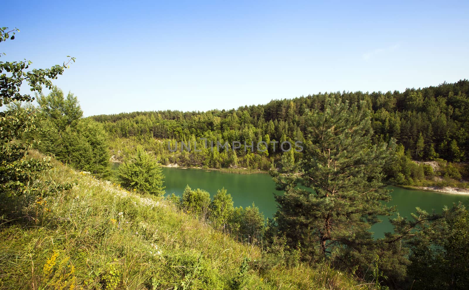   the flooded pits with green water. were formed after chalk production. Belarus