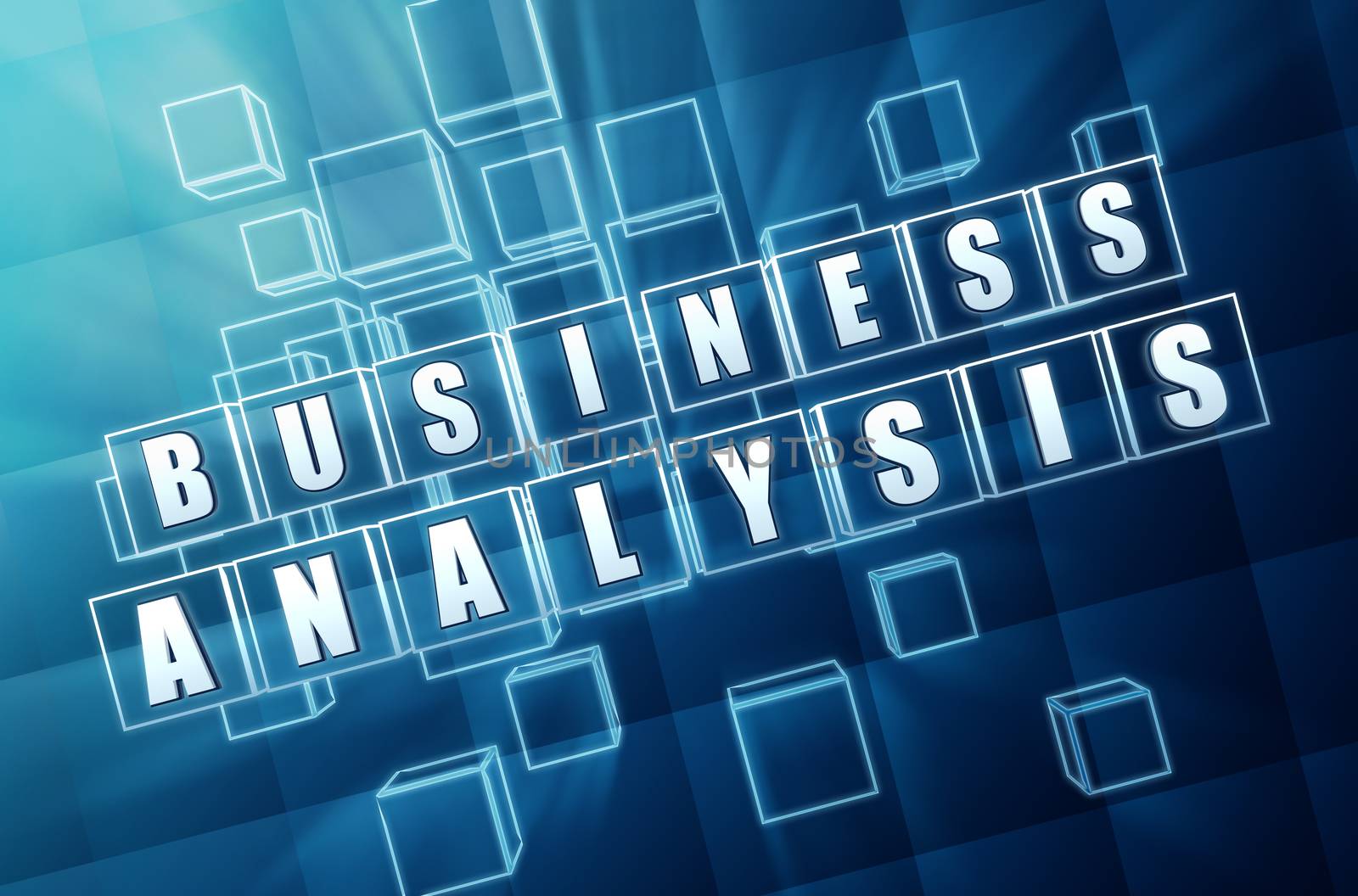 business analysis - text in 3d blue glass cubes with white letters, business marketing exploration conceptual words