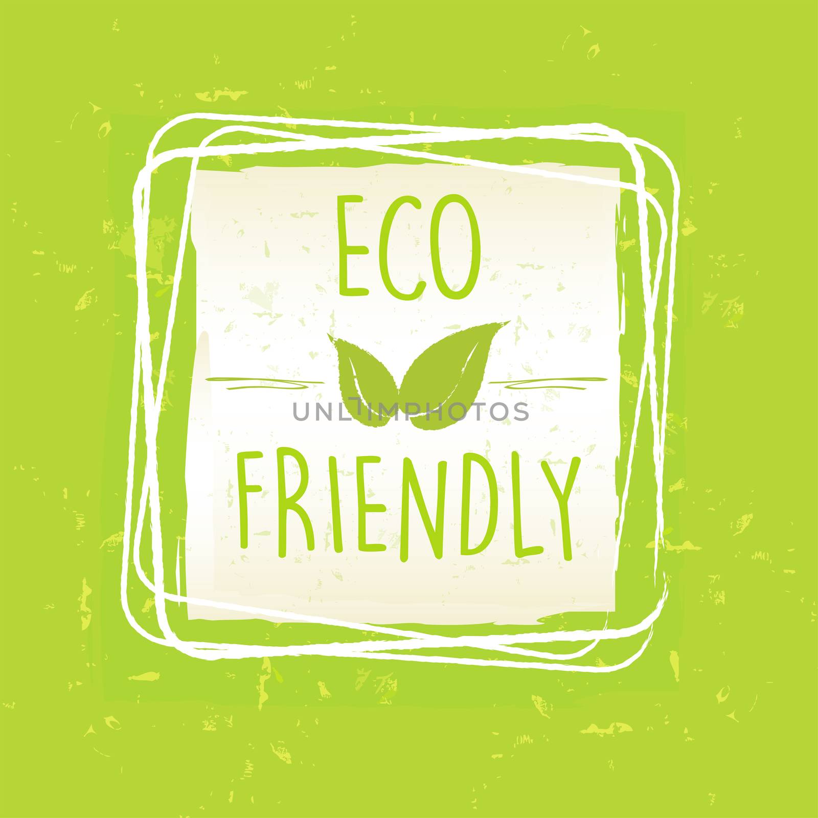 eco friendly with leaf sign in frame over green old paper background