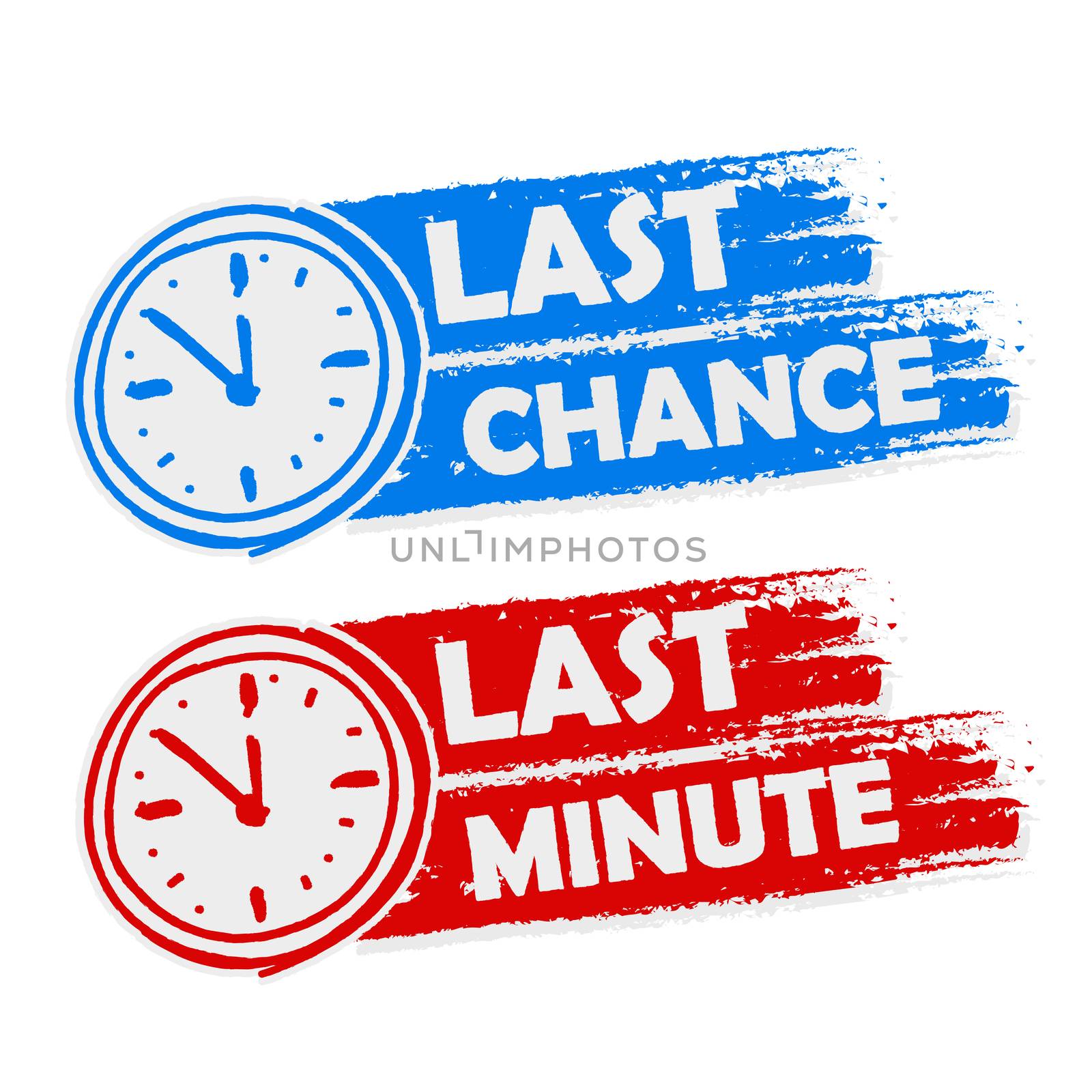 last chance and last minute offer with clock signs banners - text in blue and red drawn labels with symbols, business commerce shopping concept