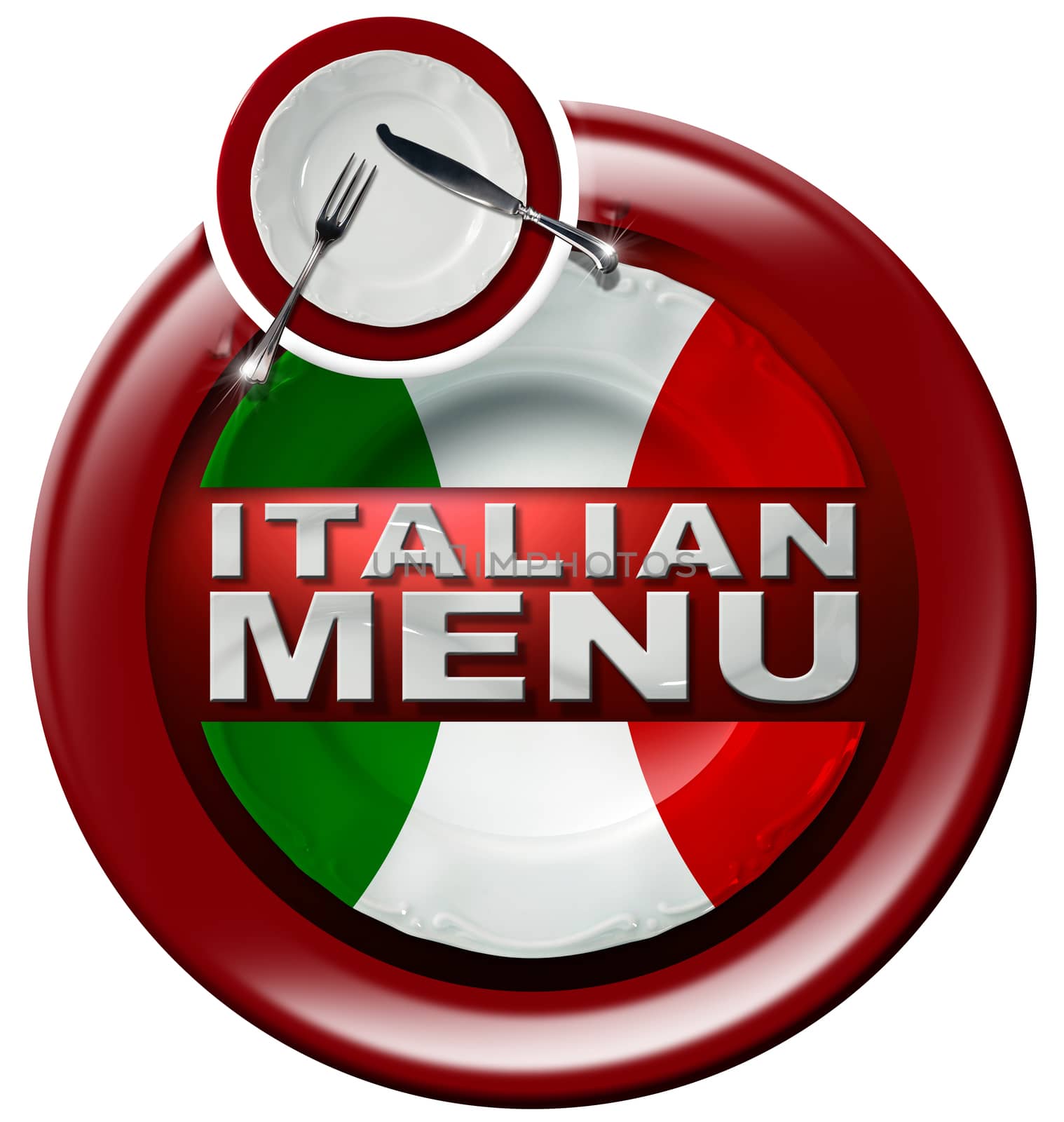 Round icon or symbol with plate colored with the colors of Italian flag, silver cutlery, text Italian Menu. Isolated on white background