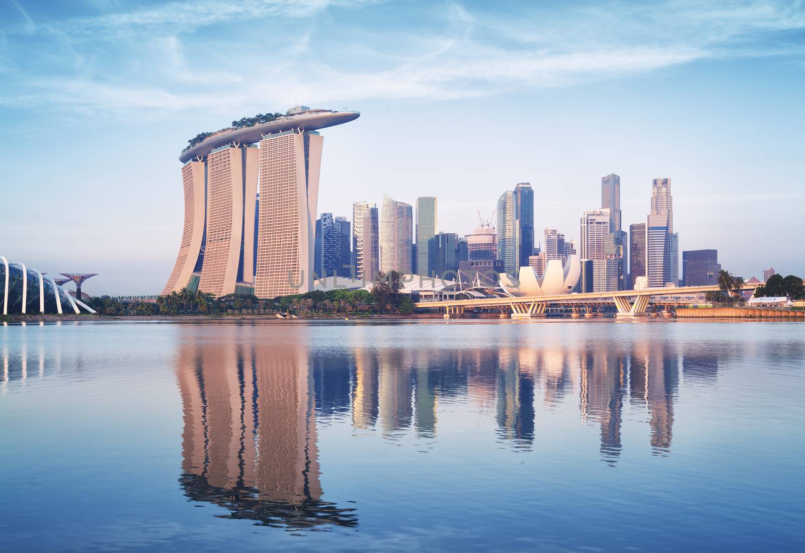 Singapore skyline at sunrise.