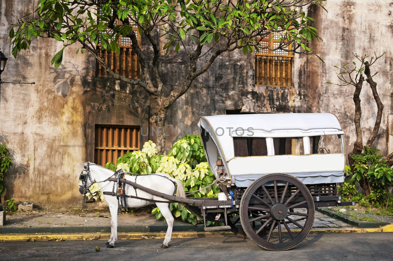 Horse Drawn Calesas waiting for tourists  in Intramuros, a historical part of Manila.