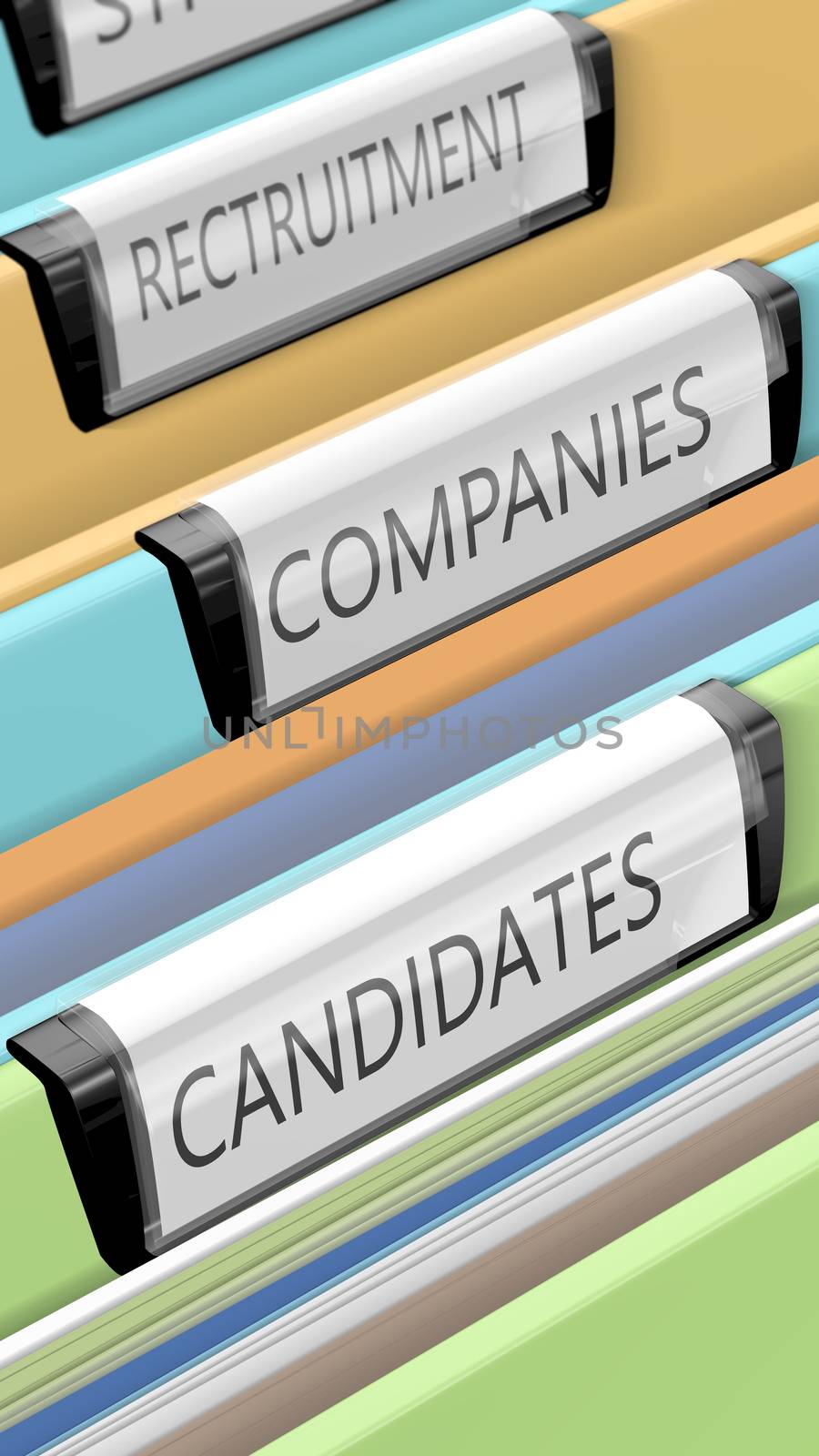 Files on candidates and company positions. Some enterprises. Many candidates. 3d render.