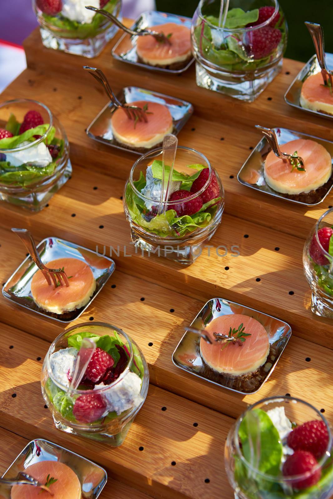 Meat and fish appetizers in a restaurant. Shallow dof