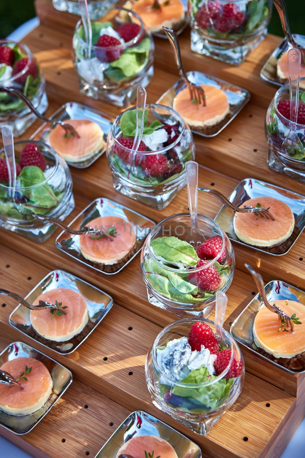 Meat and fish appetizers in a restaurant. Shallow dof