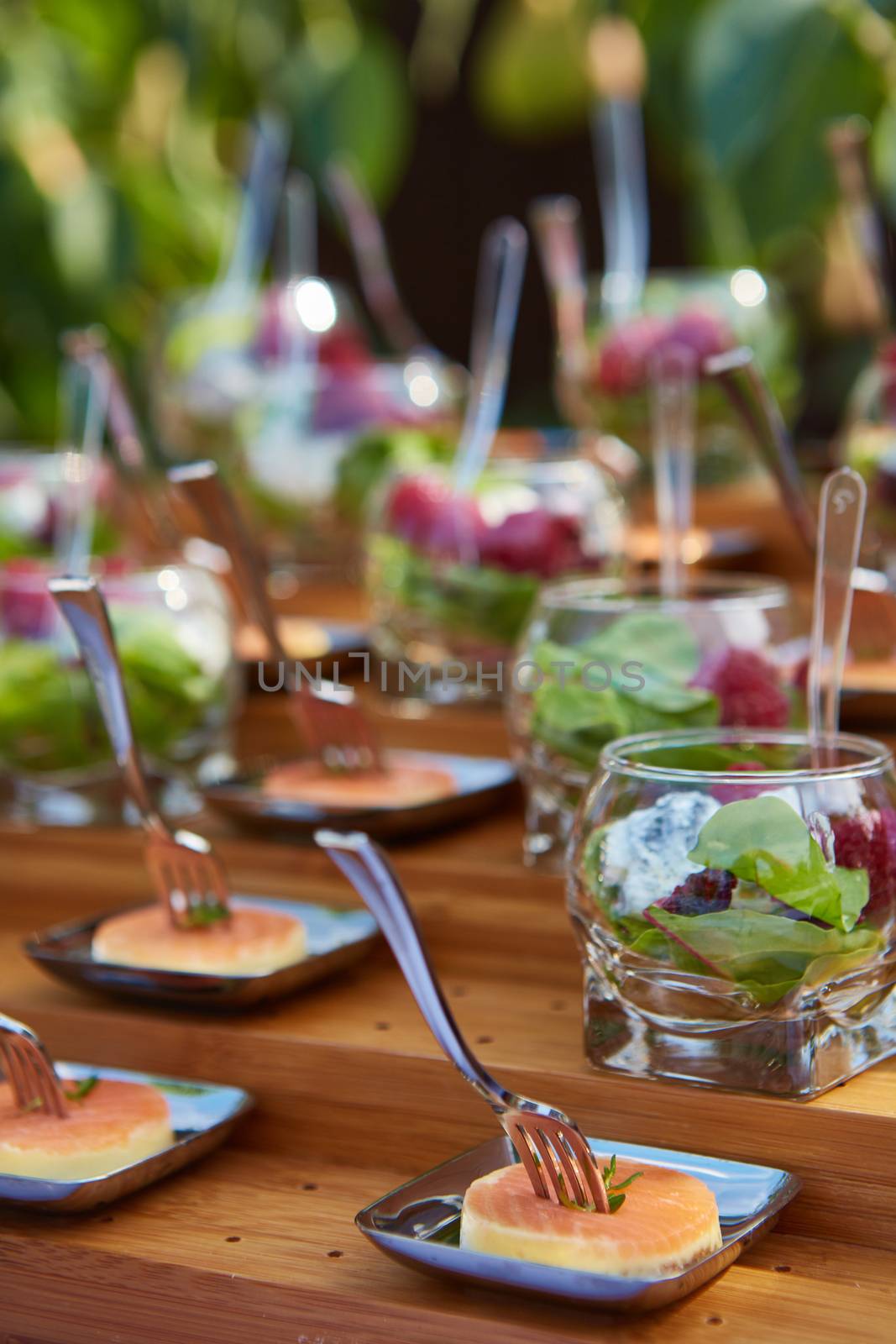 Meat and fish appetizers in a restaurant. Shallow dof