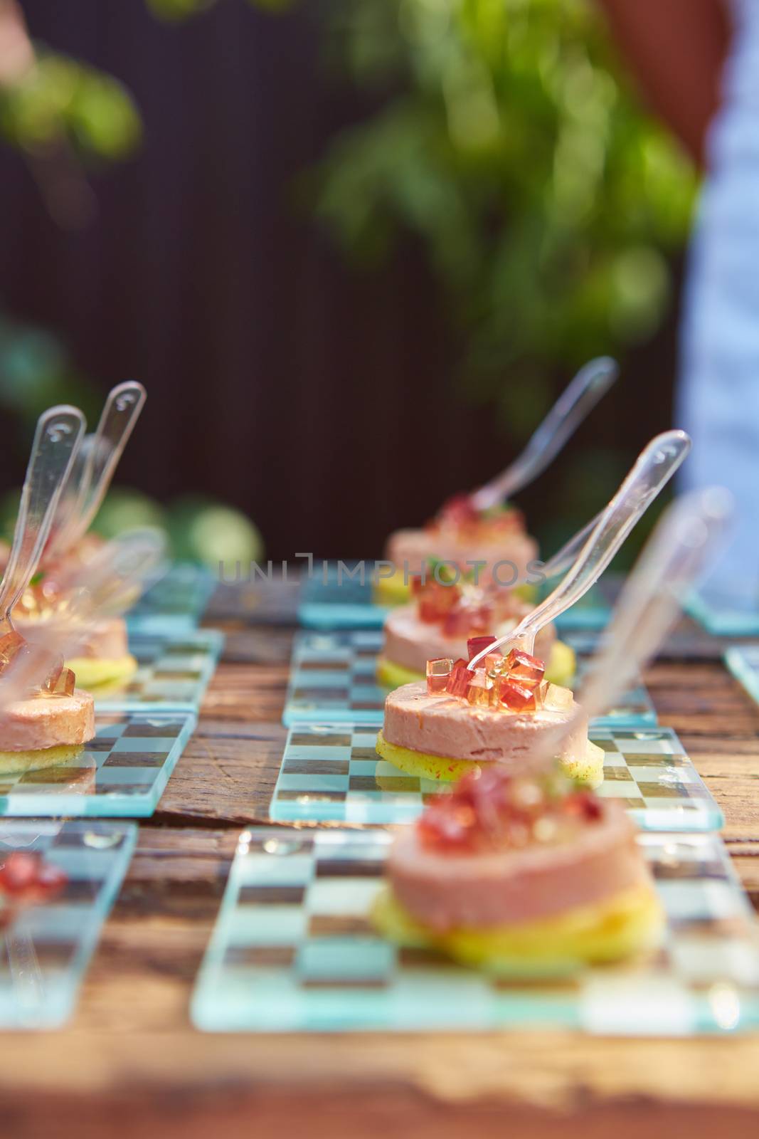 Meat and fish appetizers in a restaurant. Shallow dof