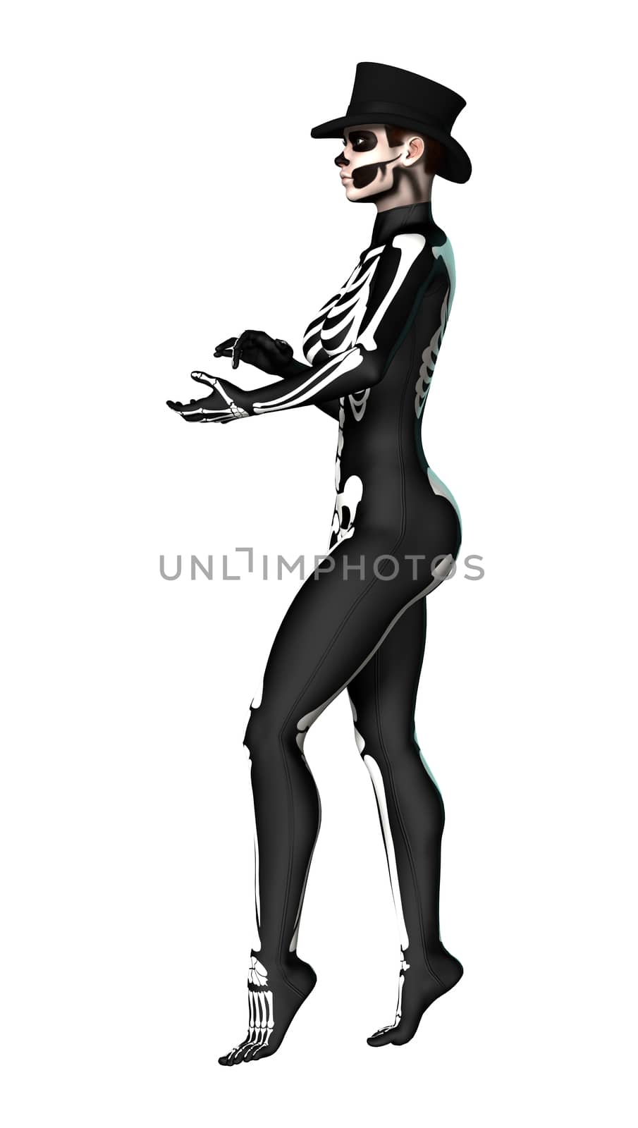 3D digital render of a young woman wearing a skeleton costume for Halloween party isolated on white background