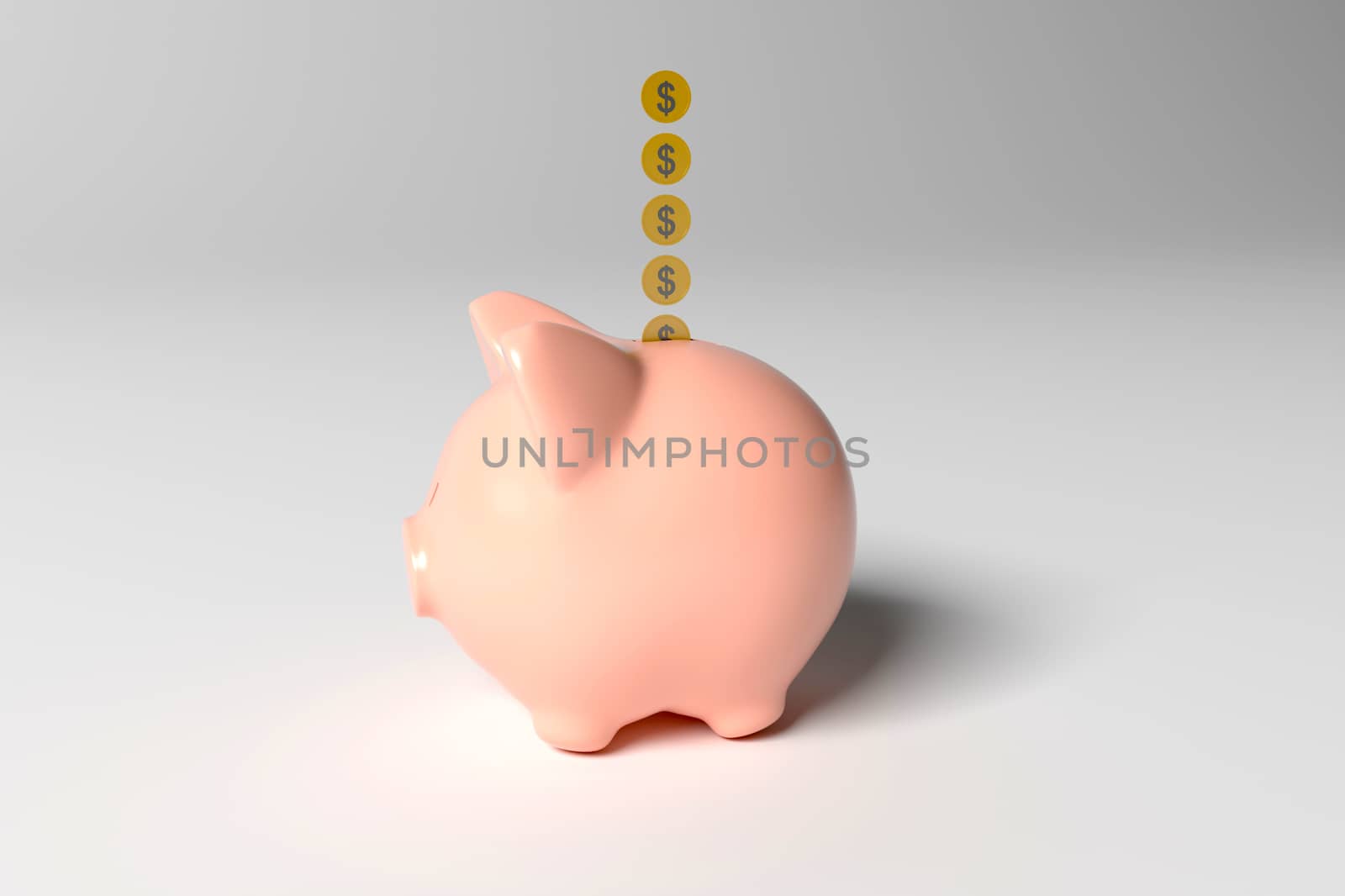 Isolated Piggy Bank with dropping coins on white background.
